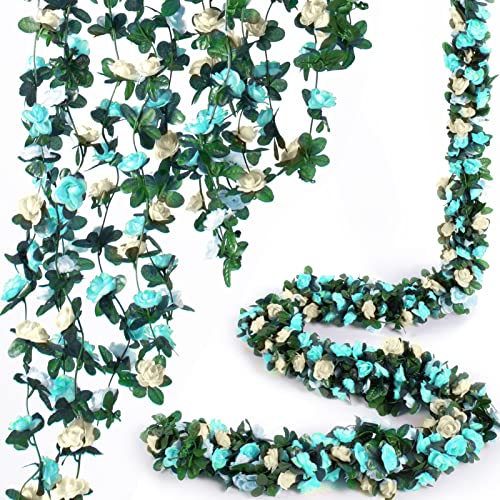 PONKING 8 Pcs x 8.2 ft Flower Garland Artificial Rose Vine Flowers with Green Leaves Hanging Fake Roses Vine for Room Party Home Wedding Birthday Christmas Wall Arch Decor, White Blue Flower - color: Spring-blue White-8pcs, size: 8 Vines 66FT