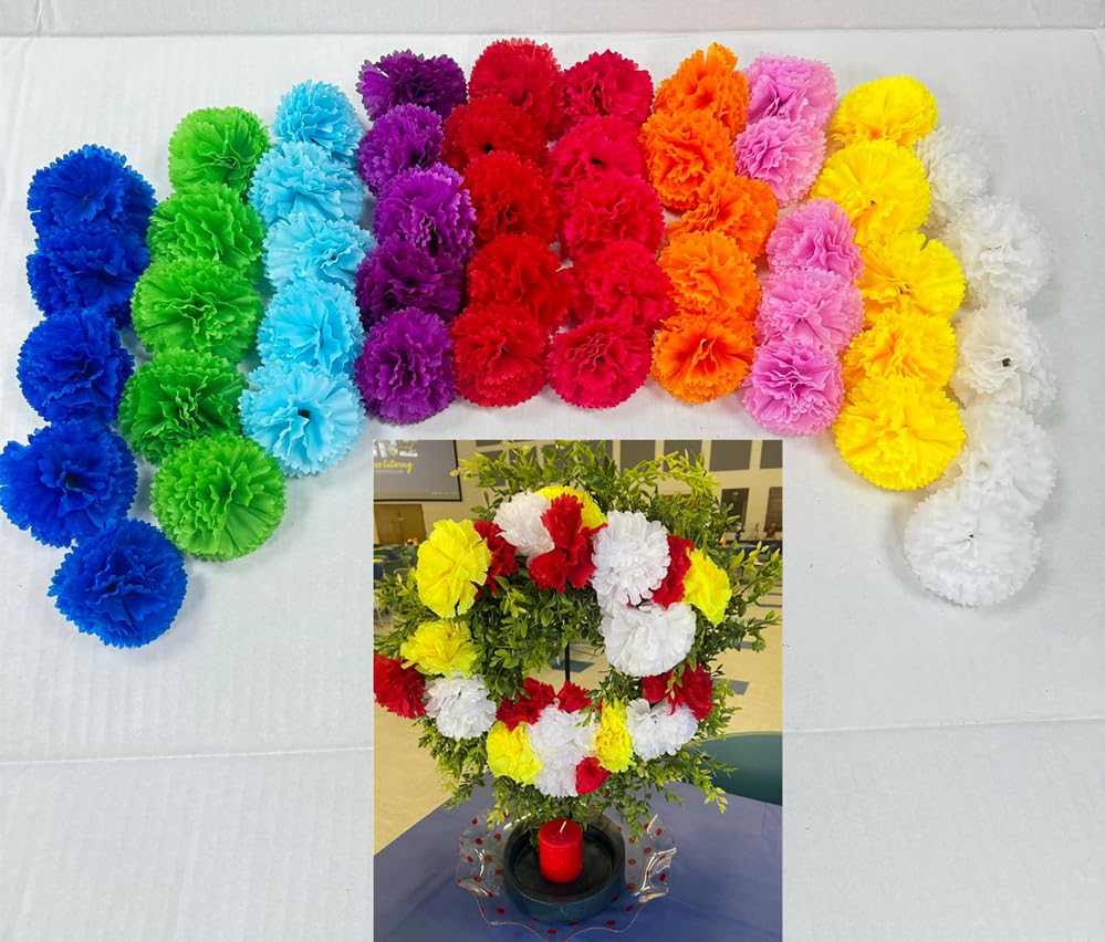 Rikyo 50 Artificial Silk Carnation Flower Head with Stems Set,Vase Fillers for Home Decor Bridal Wedding Party Birthday Cake Ornaments,DIY Wrist Corsage, 3" Petals Heads & 8" Stems (Multicolour) - color: Multicolour