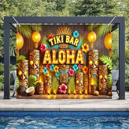 BlissYard Tiki Bar Aloha Luau Party Backdrop Tropical Hawaiian Banner 8x6FT Large Flamingo Beach Theme Photo Booth Background Summer Pool Party Birthday Indoor Outdoor Event Photography - color: Tiki Bar Aloha#01