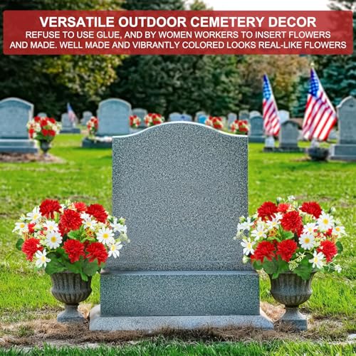 44 Heads Artificial Flowers for Outdoors, 4 Bunches 17 Inch Dahlia Daisies Mum Fake Plants UV Resistant Faux Flower Bouquet Cemetery Flowers for Grave Spring Summer Decor Mothers Day Indoor Home (Red) - color: Red