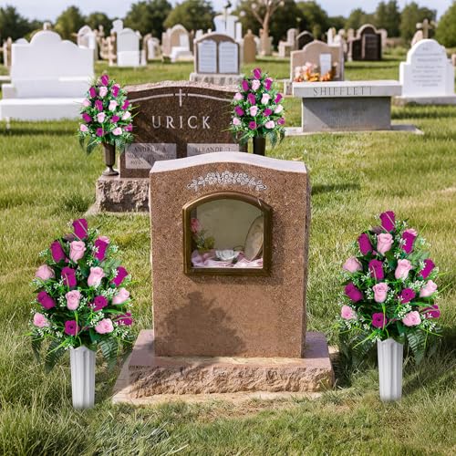 Artificial Cemetery Flowers - Set of 2 Grave Memorial Rose Flowers with Vase for Cemetery Headstones Gravesites Decoration (Purple & Pink) - color: Purple & Pink