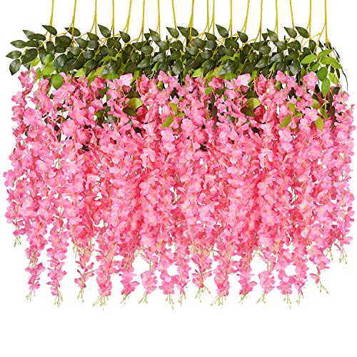 DearHouse 6 Pack Artificial Fake Wisteria Vine Ratta Hanging Garland Silk Flowers String Party Home Wedding Decor, 3.75 Feet/Piece,Pink - color: Pink