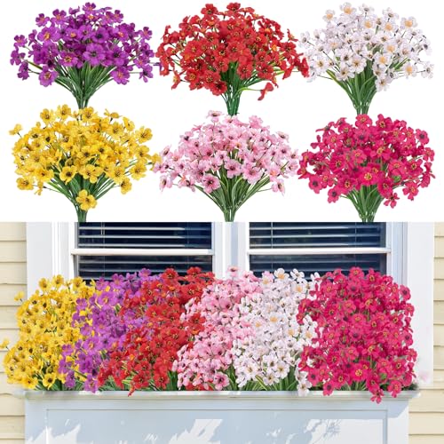 Bassion 24 Bundles Artificial Flowers for Outdoors Decoration, UV Resistant Mixed Color Silk Fake Faux Flowers Artificial Plants for Outside Window Box Porch Garden Home Decor - color: Mix Color
