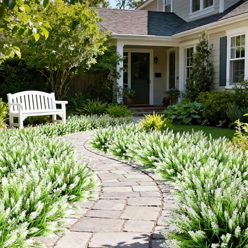 16 Bundles Artificial Plants Outdoor, UV Resistant Fake Lavender & Monkey Grass, Realistic Plastic Faux Plants for Balcony, Patio, Porch Greenery Decor, Planter Filler(White) - color: White-2, size: 16PCS