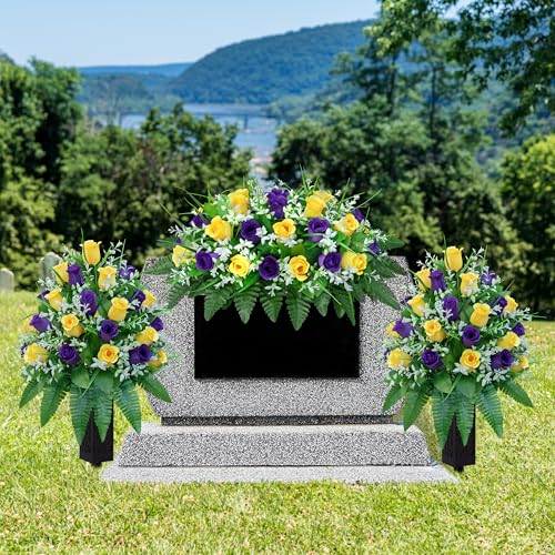 LVXINLI Artificial Cemetery Flowers, Gravesite Decoration Roses, Memorial Bouquets with Cemetery Vase, Vibrant and Long-Lasting Colors （ Yellow+Purple, 2 Bundles - color: Yellow+purple
