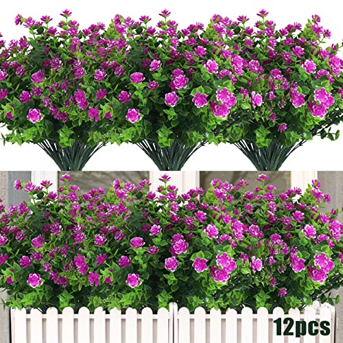 RECUTMS Artificial Flowers Outdoor UV Resistant Fake Plants Indoor Outside Hanging Planter, 12 Bundles Outdoor Fake Flowers UV Resistant Faux Plastic Plants Garden Porch Window Box Décor(Fuchsia) - color: Fuchsia, size: 12 Pcs