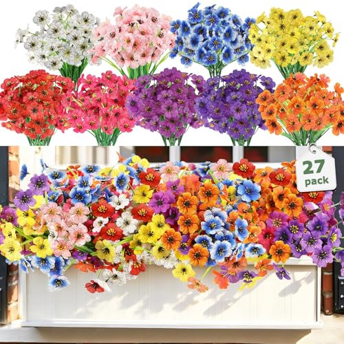 Nepfaivy Artificial Flowers for Outdoors Realistic - 27 Bundles Uv-Resistant Fake Flowers for Outdoor Planters, Fade-Proof Silk Faux Flowers Plants for Outside Garden Porch Window Box Decoration - color: Multi 9 Colors 27pcs