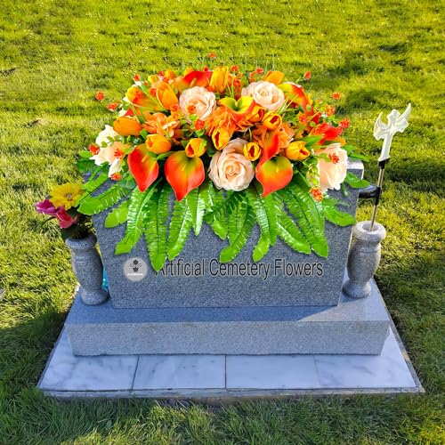 FLOWERIA Artificial Cemetery Flowers - Outdoor Grave Saddle for Headstone Decorations with Orange Roses Tulips - color: Orange, size: Saddle