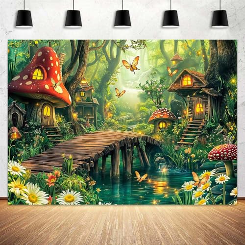 Spring Enchanted Forest Backdrop Green Fairy Tale Mushroom House Wonderland Jungle Photography Background Baby Shower Birthday Party Decorations Banner Photo Booth Props 5X3FT - color: Multi, size: 5X3FT