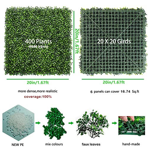 Bybeton Artificial Boxwood Grass Wall Panels,6 Pack 20"x 20" UV-Anti Grass Backdrop& Greenery Wall Panels for Indoor Outdoor Privacy Protected and Garden, Privacy Fence Screen Décor Spring Decor - size: 20*20IN 6Pcs