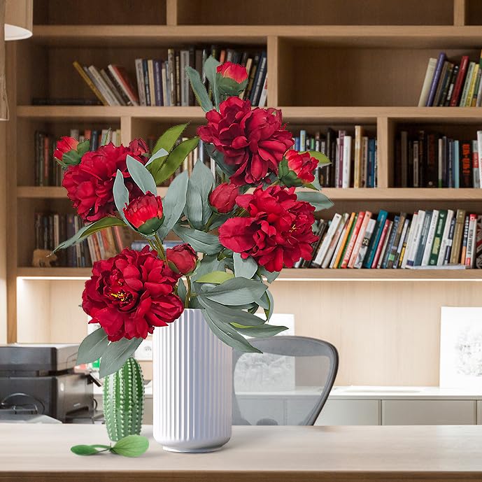 Peonies Artificial Flowers,4 Pcs Fake Silk Peonies with Stems Real Look,Peony Bush for Home Decor (4, red) - color: Red