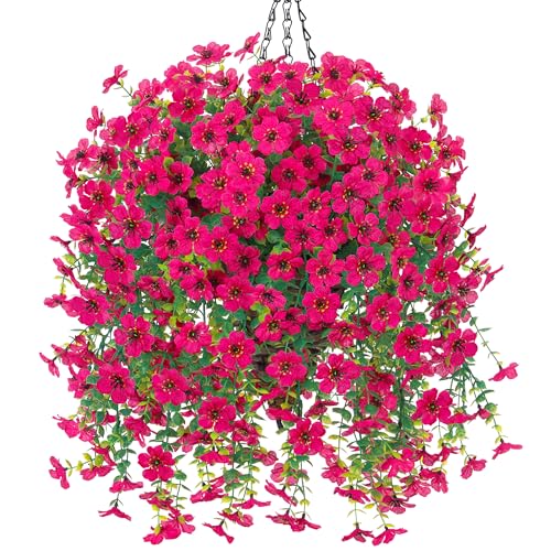 HyeFlora Artificial Hanging Flowers Basket for Outdoor, Fake Flowers Faux Plants Look Real for Yard Gardens Porch Patio Home (Hotpink) - color: Hotpink
