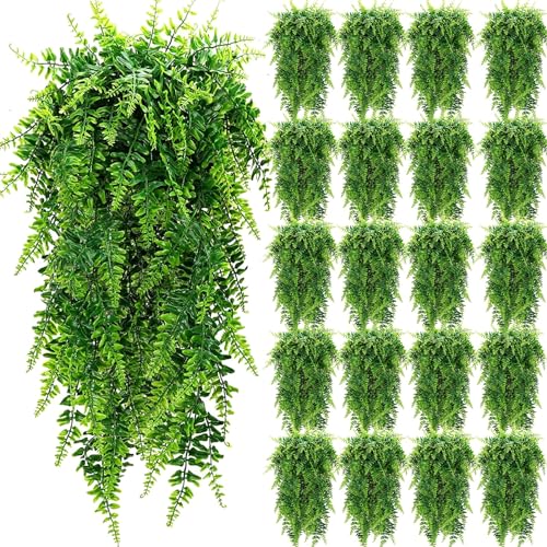 Geosar 20 Pcs Artificial Hanging Plants 32 Inch Hanging Boston Ferns Plastic Fake Plants for Wall Room Garden Wedding Garland Indoor Outdoor Decoration, No Basket