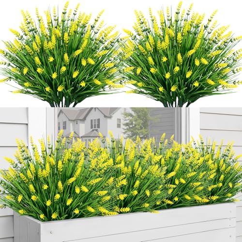 Bassion Artificial Flowers for Outdoors, 24 Bundles Fake Lavender Flowers UV Resistant Yellow Plastic Plants Faux Monkey Grass for Home Porch Garden Window Box Indoor Outdoor Decorations - color: Yellow, size: 24 Bundles