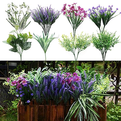 PARTY JOY 19 Bunches Fake Plants Outdoor, Fake Bushes UV Resistant Artificial Lavender Flowers Greenery Shrubs Faux Greenery for Outdoor Garden Patio Front Porch Yard Decor - color: Lavender Garden