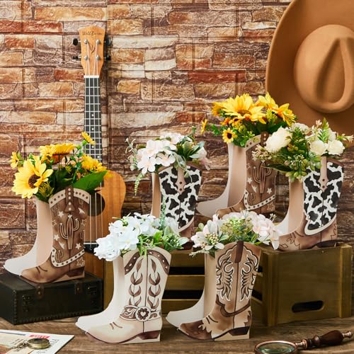 12 Set Western Boots Flower Boxes Centerpiece Boot Shape Gift Boxes Party Decoration Vase Centerpieces for Tables Boots Rodeo Birthday Baby Shower Supplies (Western,Cowboy Cow) - color: Cowboy Cow, style: Western