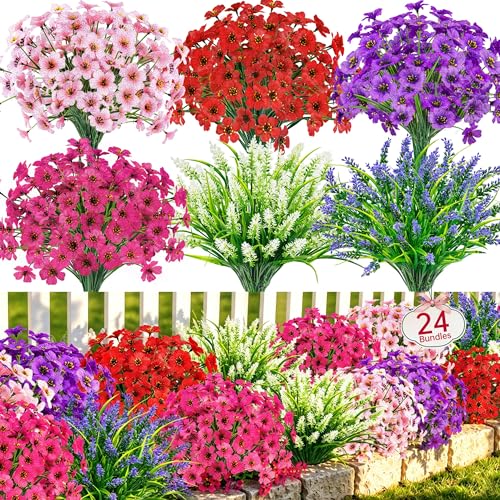 Der Rose 24 Bundles UV Resistant Artificial Flowers for Outdoors Mixed Colors Fake Flowers for Garden Porch Patio Fence Decor - color: Multi-color a