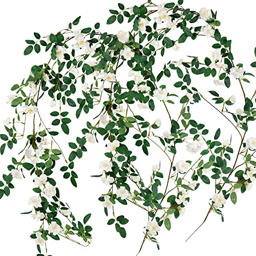 FiveSeasonStuff White Wild Rose Vine Garland, Two Faux Silk Floral Garlands with Greenery, Bendable Decorative Vines 12 ft Total - color: White
