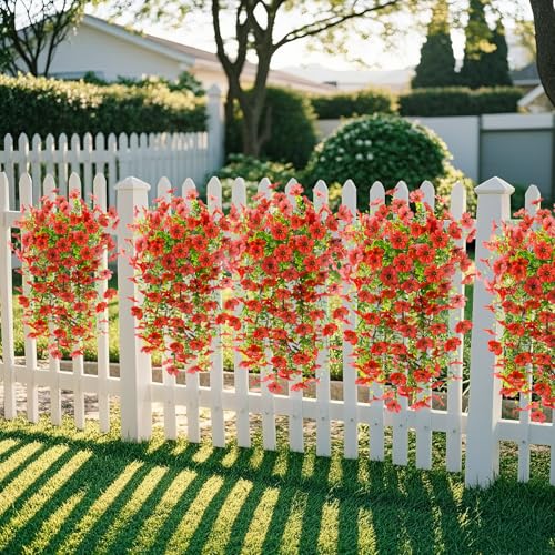 Homsunny Artificial Fake Hanging Flowers Plants for Outdoor Spring Decorations, 2 PCS Faux Daisy Silk Flower Outside No Fade UV Resistant Realistic Home Decor for Porch Patio Window Box (Red - color: Red