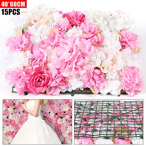 Artificial Flower Wall Panels 15 Pack of 16 x 24" Flower Wall Mat Faux Rose Flower Backdrop Panels for Backdrop Wedding Wall Decorations - color: 15pcs, White+pink
