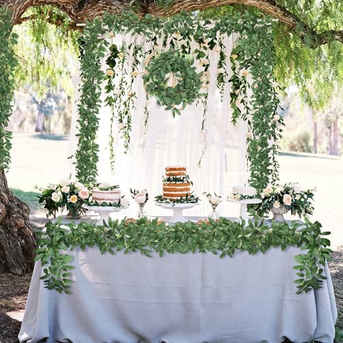 RECUTMS Artificial Olive Leaves Vine 2Pcs 6.2Ft Italian Ruscus Greenery Garland Faux Hanging Silk Leaf Ivy Plant for Indoor Outdoor Home Garden Wedding Birthday Party Table Spring Summer Decor(Green) - color: Olive Leaves Vine Green
