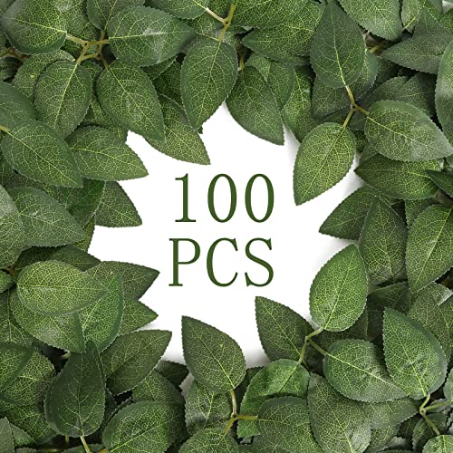 Artificial Rose Leaves, 100pcs Fake Green Leaves Bulk Silk Leaves with Stems Greenery for Centerpieces DIY Wedding Bouquets Party Decorations - color: 3-leaf Rose Leaf