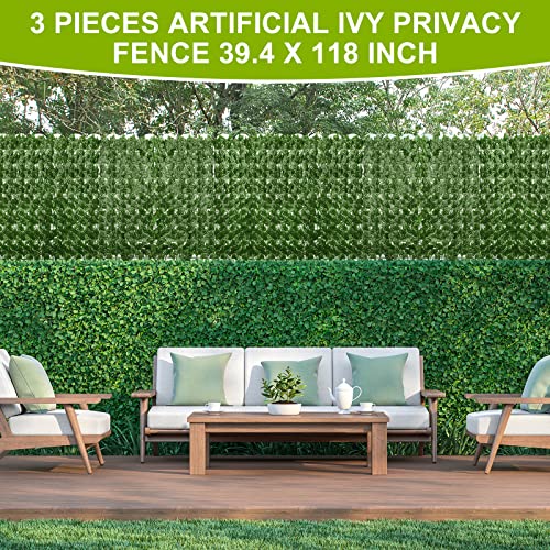 Funtery 3 Pieces Balcony Privacy Screen 39.4 x 118 Inch Outdoor Artificial Ivy Privacy Fence Artificial Hedges Fence and Faux Ivy Vine Leaf Decoration for Outdoor Garden Patio Balcony Decor