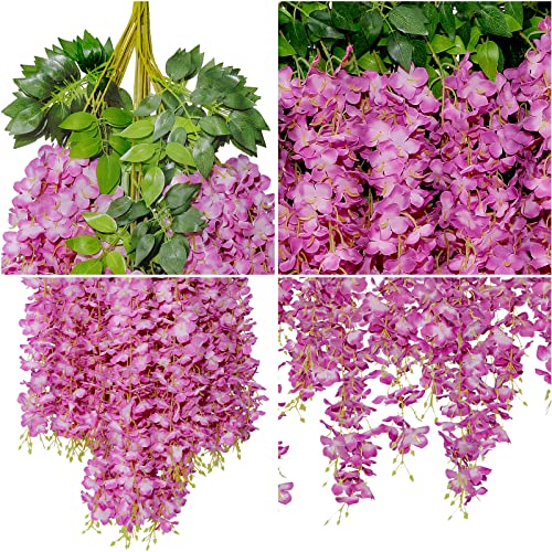 U'Artlines 24 Pack (Total 86.4 Feet) Artificial Fake Wisteria Vine Rattan Hanging Garland Silk Flowers String Home Party Wedding Decor (24, Purple Red) - color: Purple Red