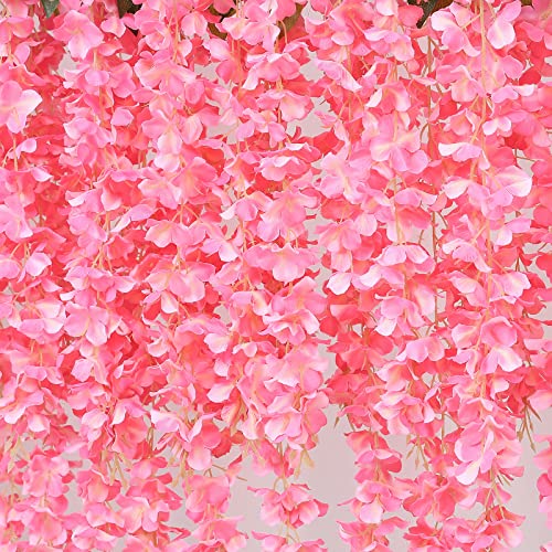Duovlo 12 Piece Artificial Silk Wisteria Vine 3.6 Feet Ratta Hanging Flower Garland String Home Party Wedding Decor (Dark Pink) - color: Dark Pink