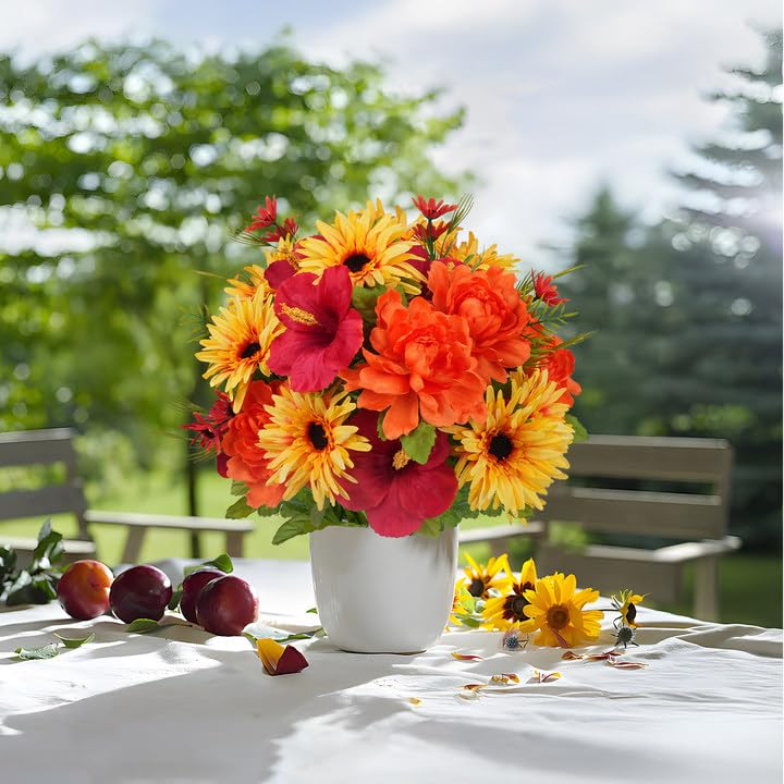 Cemetery Flowers for Grave Artificial Flowers for Cemetery 2 Bundles Faux Sunflowers Bouquet Orange Silk Floral Arrangements for Headstones Gravesite Vase Outdoor Porch Table Centerpieces Decor