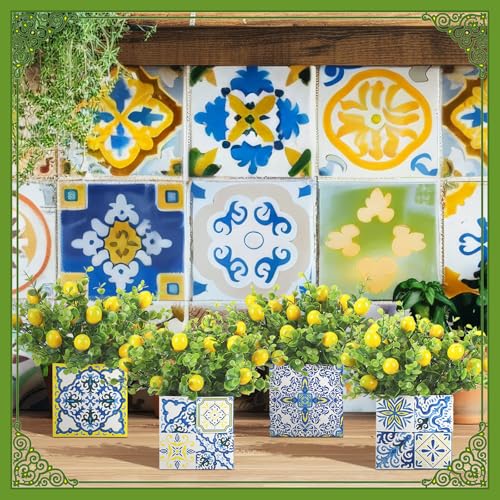 Giegxin Blue Tiles Lemon Table Centerpiece Decor Amalfi Coast Box Decorations with Artificial Lemon Branches for Capri Mediterranean Positano Wedding Birthday Party Decor(4 Sets)