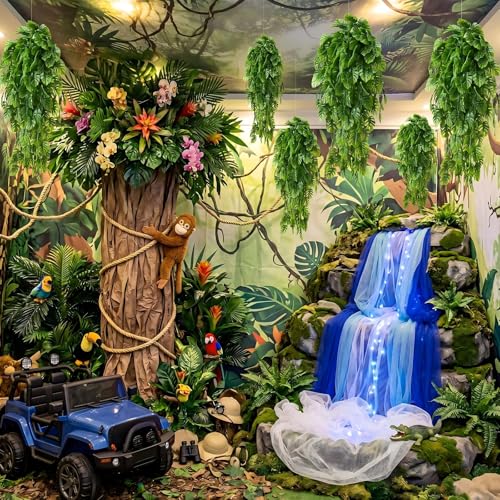 Daifunli 8 Pcs Artificial Hanging Plants Fake Hanging Ferns Plastic Fake Plant for Wall Room Garden Garland Indoor Outdoor Decor No Basket (Monstera Vines) - style: Monstera Vines