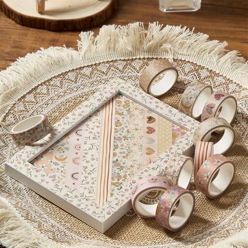 Boho Washi Tape Set 10 Rolls Cute Masking Graphic Floral Pattern Decorative Tapes for Arts, DIY Crafts, Journals, Planners, Scrapbook, Wrapping (Warm) - color: Warm