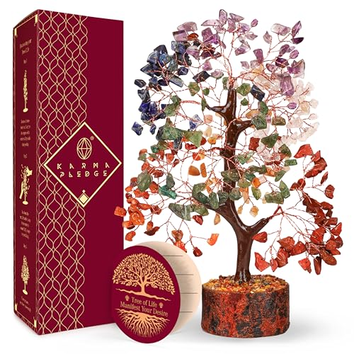 KARMAPLEDGE 7 Chakra Tree of Life for Manifestation Unique Birthday Gifts for Women, Men, Friends, Handmade Home Decor Healing Crystal Tree for Money, Good Luck, for Her, Mom & Dad - color: Wooden Base 7 Chakra Manifestation Tree Copper