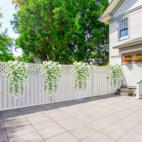 4 Pack Artificial Faux Hanging Flowers Plant for Outdoor, Fake Silk Morning Glory with Eucalyptus UV Resistant Realistic Trailing Vine for Wall Home Porch Patio Balcony Yard Indoor Decor, White - color: White