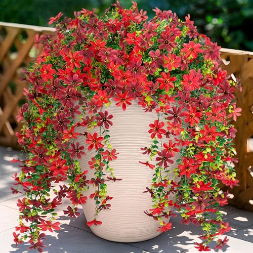 Hrobek 2 PCS Artificial Hanging Flowers Outdoor Spring Summer Decoration, Fake Hanging Vine Plants UV Resistant, Faux Daisy Flower Eucalyptus for Outside Home Indoor Porch - color: B-red Brown