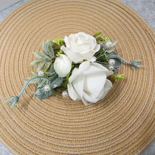 Rose Corsage and Boutonniere Set, 2PCS Handmade Artificial Flower Bride Wrist Corsage Wristlet Bracelets Wristband Men Boutonniere for Wedding Prom Suit Decorations (White) - color: White