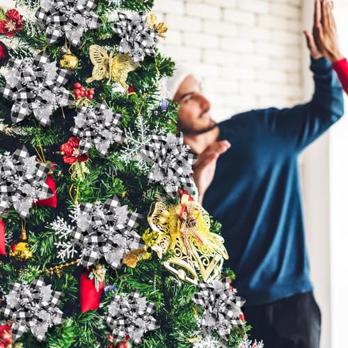 36 Pcs Christmas Glitter Artificial Poinsettia Flowers Xmas Poinsettia Artificial Wedding Flowers Decorations Xmas Tree Ornaments with Clips for Party, 6 Inch, 4 Inch, 3 Inch(Black, White, Silver) - color: Black, White, Silver