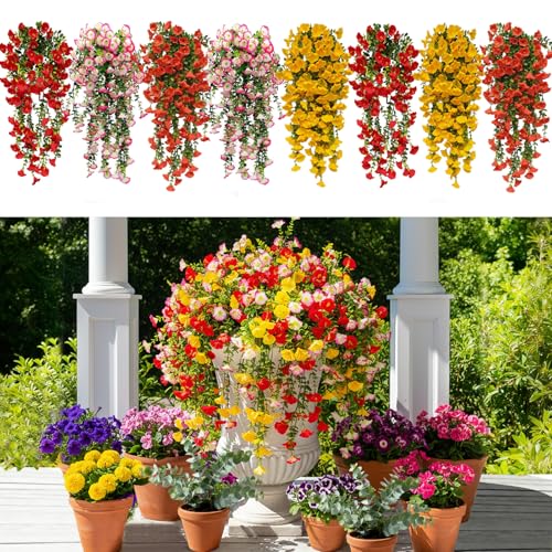8 Pcs Artificial Hanging Flowers for Outdoors Fake Morning Glory for Home Decoration UV Resistant Mixed Color Greenery and Flowers for Porches Gardens Yard Decor (Warm Color) - color: Warm Color