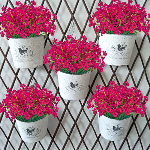 Lnoicy 24 Pcs Artificial Flowers for Outdoor,Plastic Flowers Decoration, UV Resistant Faux Flowers Shrubs, Artificial Plants for Indoor Outside Garden Home Wedding Farmhouse(Rose Red) - color: Rose Red, size: 24