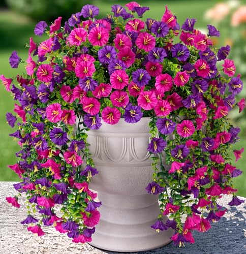 2 PCS Artificial Faux Hanging Flowers Plants for Outdoor Decor,Fake Silk Morning Glory with Eucalyptus UV Resistant Realistic Vines for Wall Home Porch Patio Balcony Yard Decor, Purple and Fuchsia - color: Purple+fuchsia