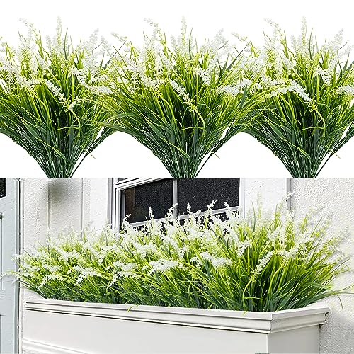 12 Bundles Outdoor Artificial Plants Flowers UV Resistant Fake Tall Grass Plants Bushes Faux Tropical Shrubs for Outside Window Box Planter Front Porch Yard Patio Floral Arrangement - color: White, size: 12 Pcs