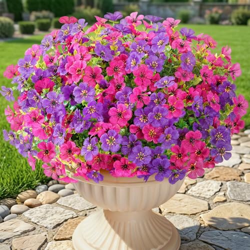 Lifewit Artificial Flowers for Outdoor Indoor, 12 Bundles Plastic Fake Flowers Daisy with Eucalyptus Leaves for Home Garden Decor, Porch, Window Box(Mix for Fuchsia Purple) - color: Fuchsia & Purple
