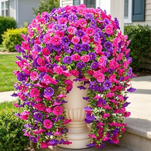 4PCS Artificial Hanging Flowers for Outdoor Hanging Plants Faux Morning Glory UV Resistant Silk Spring Summer Flower for Garden Porch Yard Patio Balcony (Double Purple) - color: Double Purple