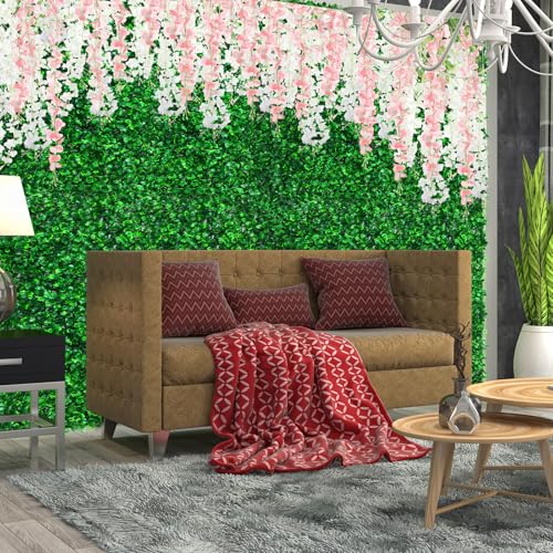 54 Pack Greenery Backdrop with Flowers Include 18 Pcs 16" x 24" Grass Wall Panels Artificial Hedge Boxwood Panels 36 Pcs 3.6 Feet Wisteria Hanging Flowers Garland for Wedding Summer(Light Pink) - color: Light Pink