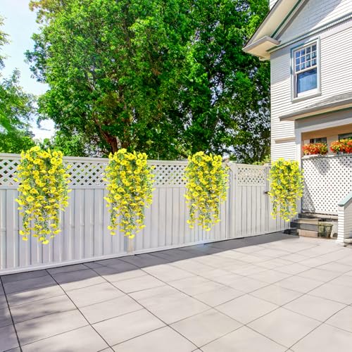 4 Pack Artificial Faux Hanging Flowers Plant for Outdoor, Fake Silk Morning Glory with Eucalyptus UV Resistant Realistic Trailing Vine for Wall Home Porch Patio Balcony Yard Indoor Decor, Yellow - color: Yellow