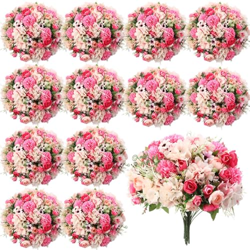 Tigeen Peonies Artificial Flowers Faux Roses Silk Flowers Hydrangea Artificial Bouquet for Wedding Table Centerpiece Floral Vase Home Office Bridal Decor(Rose Red,12 Bundles) - color: Rose Red