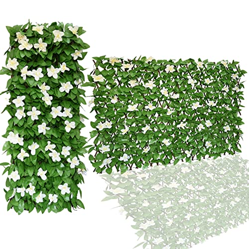 Expandable Faux Ivy Fence,Artificial Privacy Screen Decor for Outdoor Wall, Balcony and Patio, Single Sided Leaves (1,White Flower) - color: White Flower