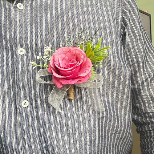 Rose Wrist Corsage Wristlet Band and Men Boutonniere Set, Corsage for Prom, Bride Hand Flower, Wedding Flowers Ceremony, Wedding Party Prom Decor, Handmade Petals Hair Hat Wreath, Rose Red, 2 Pack - color: Rose Red