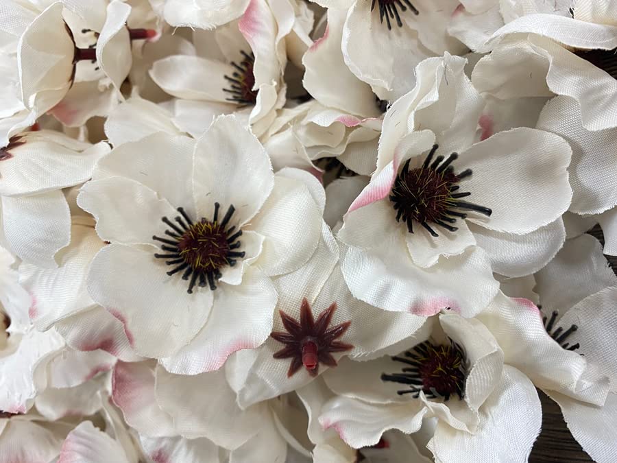 Rikyo 100 pcs Artificial Silk Poppy Anemone Flower Heads Autumn Fake Poppy Flower,Vase Fillers,Corsages for Wedding Decor,Nursery Wall,Archway Decor Wreath Garland Cake Ornaments (White) - color: White